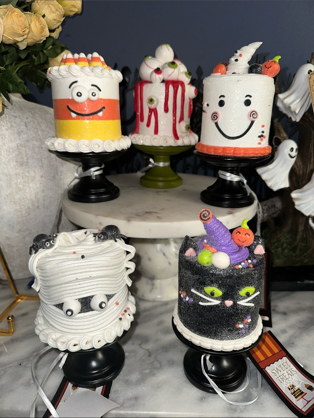 Halloween Mini Cake Topper Set in Black, White, Orange, Purple & Green